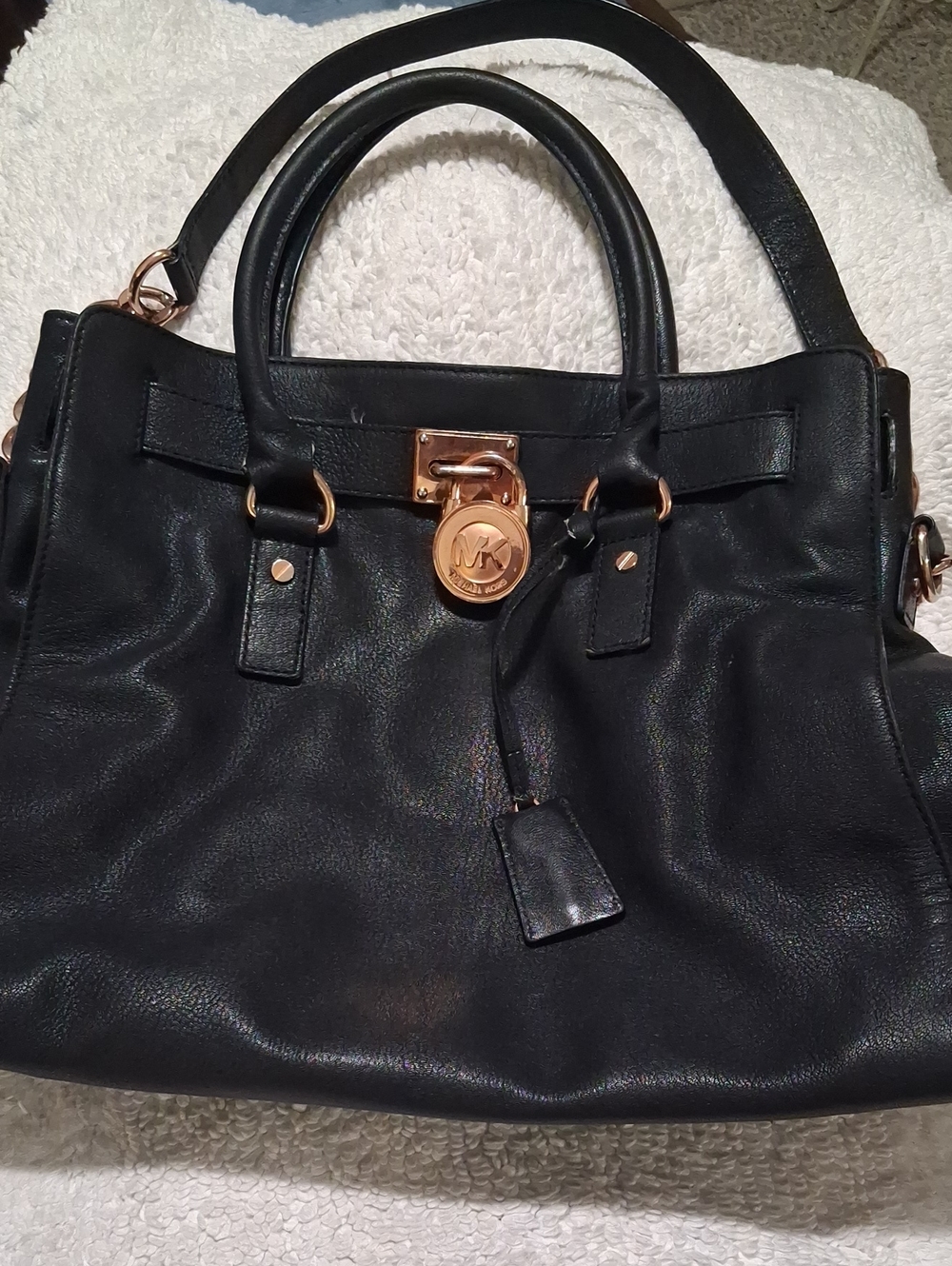 Michael Kors Black Leather Satchel with Rose Gold Hardware